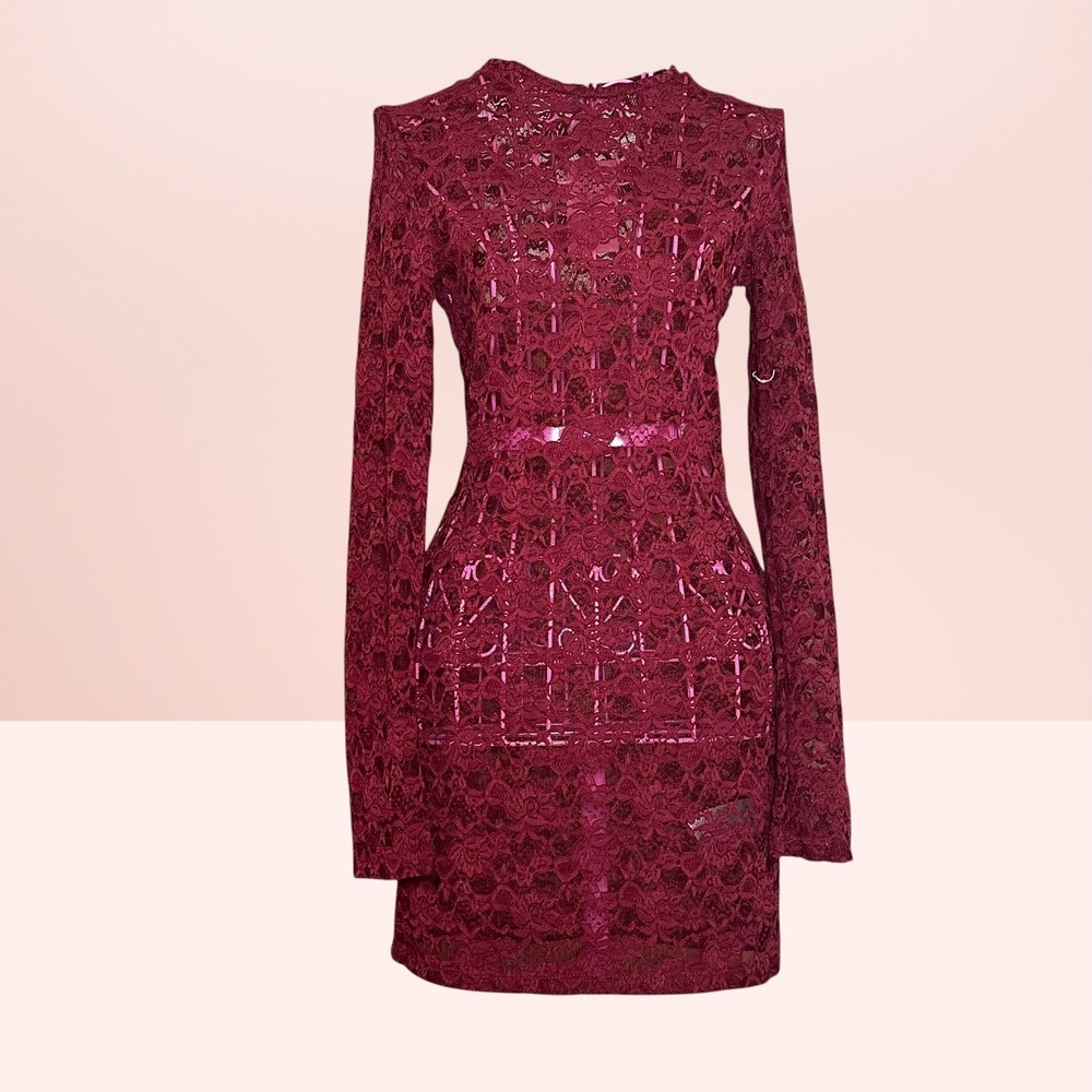 Edikted Floral Lace Long Sleeve Mini Dress Sheer Bodycon Small Burgundy Romantic